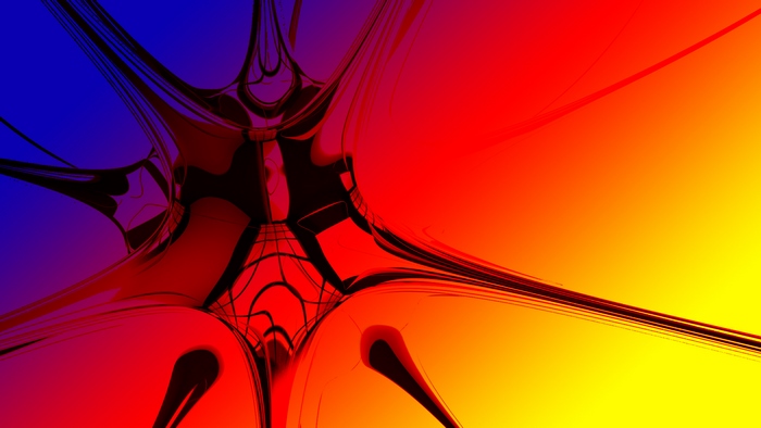 Abstract fractal shapes with blue, red, and yellow gradient