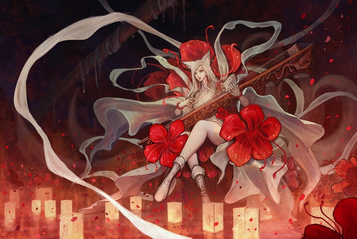 Fantasy Woman Playing a Stringed Instrument Among Flowers