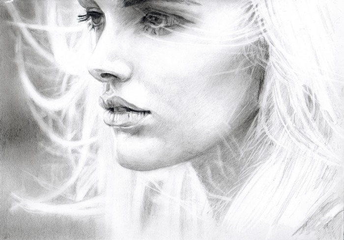 Pencil sketch of a woman's profile with flowing hair