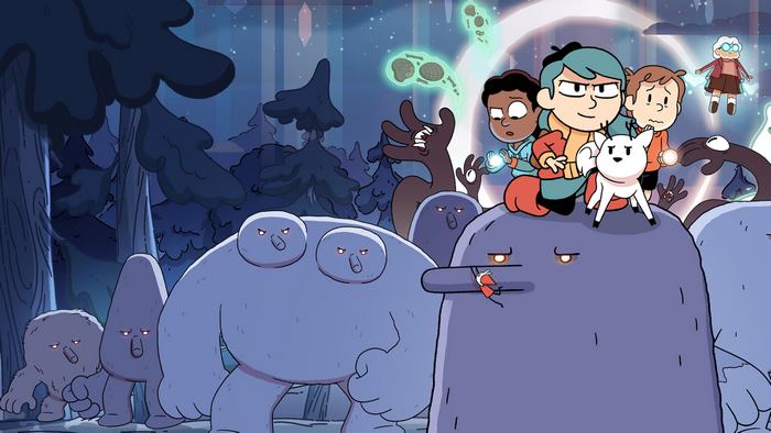 Hilda and friends with creatures in a forest
