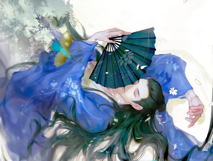 Xiao Zhan fan art with a blue robe and fan