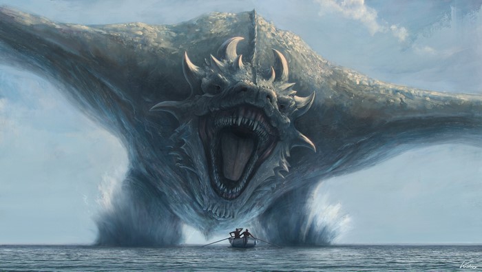 Dragon Attacking Fishermen on Calm Sea