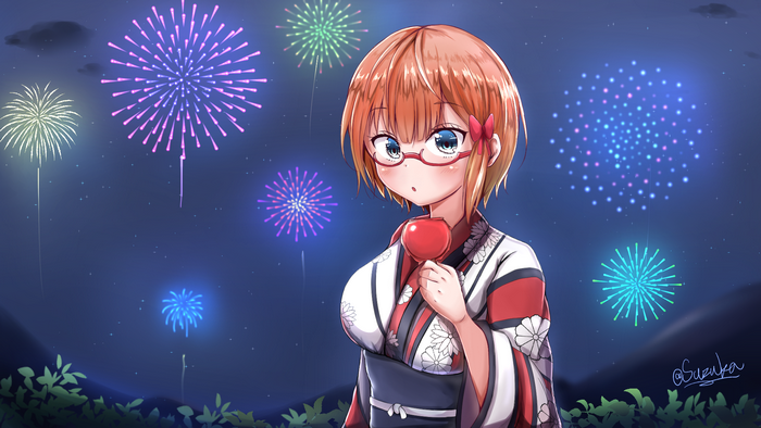 Rizu Ogata in Yukata with Fireworks