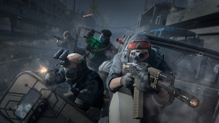 Soldiers in tactical gear in a firefight