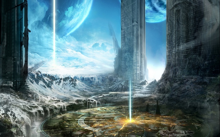 Sci Fi City with Planets and Beams