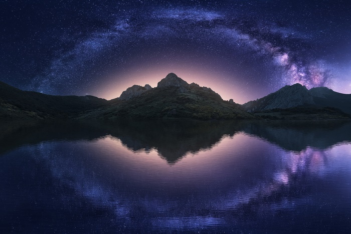 Milky Way over Mountains and Lake Reflection