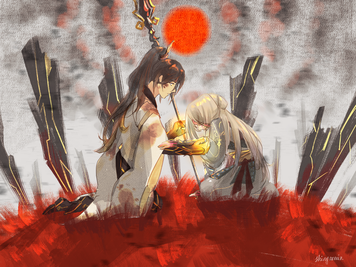 Zhongli and another character in a desolate landscape