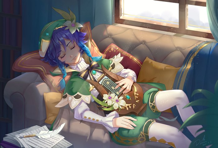 Venti from Genshin Impact sleeping with a lyre