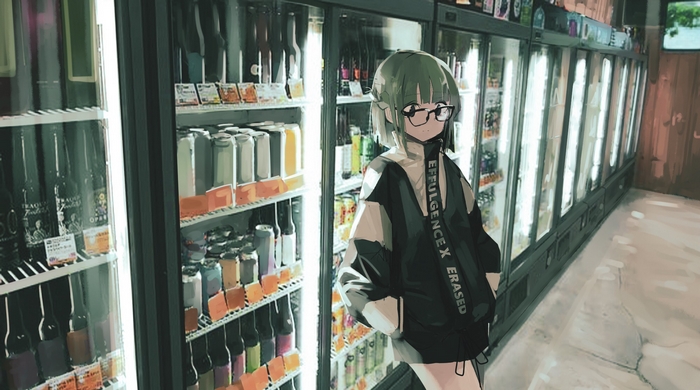 Girl with green hair and glasses in a convenience store