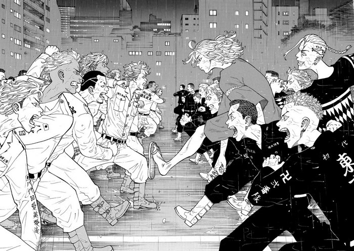 Tokyo Revengers characters in a street fight