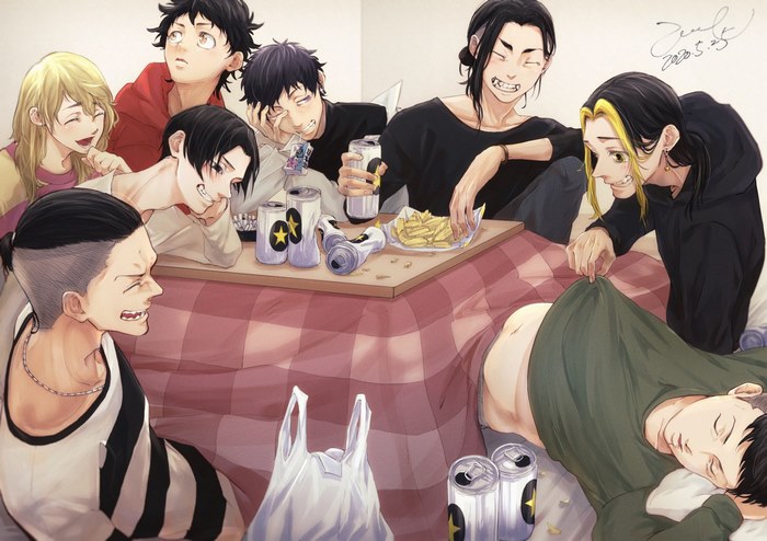 Tokyo Revengers characters gathered around a table