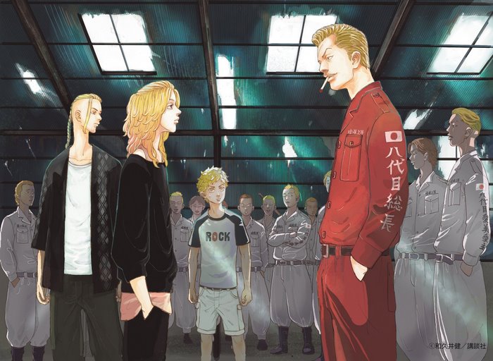 Tokyo Revengers characters in a warehouse