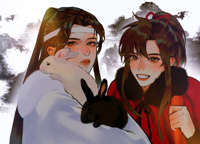 Lan Zhan and Wei Ying with rabbits