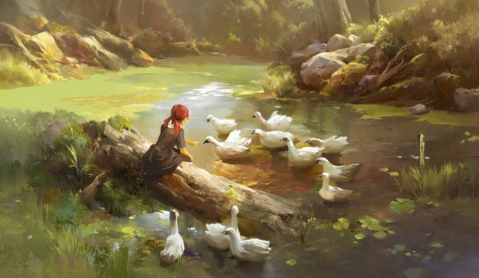 Girl feeding ducks by a stream