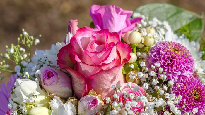 Close-up of a vibrant pink and white rose bouquet