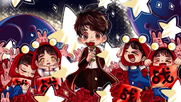 Chibi Boy with Roses and Fans