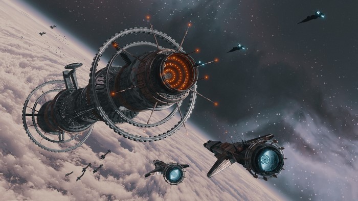 Space Station and Ships Above Planet