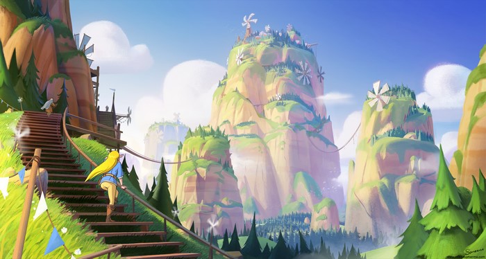 Valley of Foreverwind with windmills and mountains