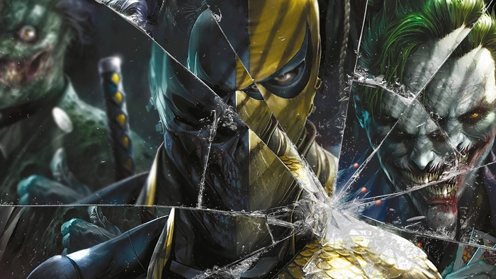 Deathstroke, Joker, and Killer Croc through cracked glass
