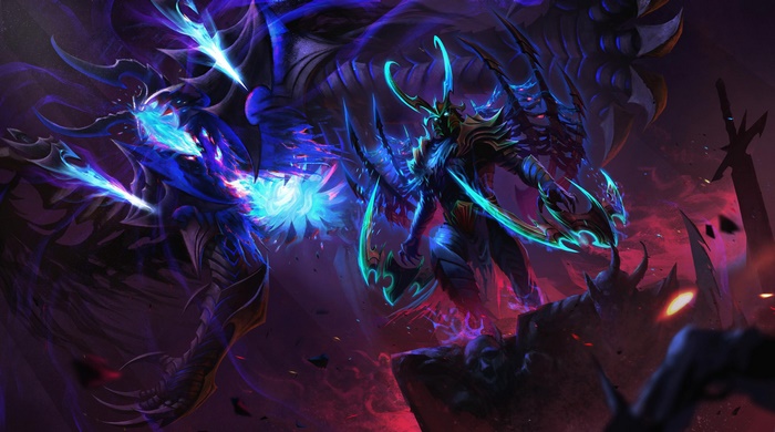 Two dark fantasy creatures battling with magic