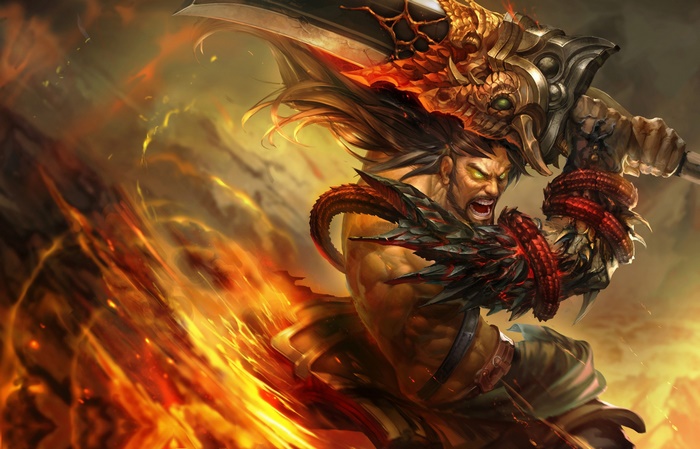 Tryndamere from League of Legends with fiery background