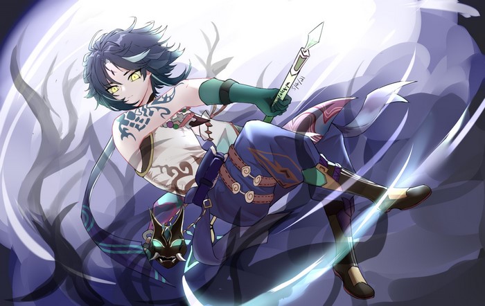 Xiao from Genshin Impact with a mask and spear