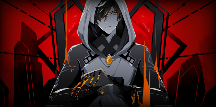 Zhongli in a dark hooded cloak with a red background