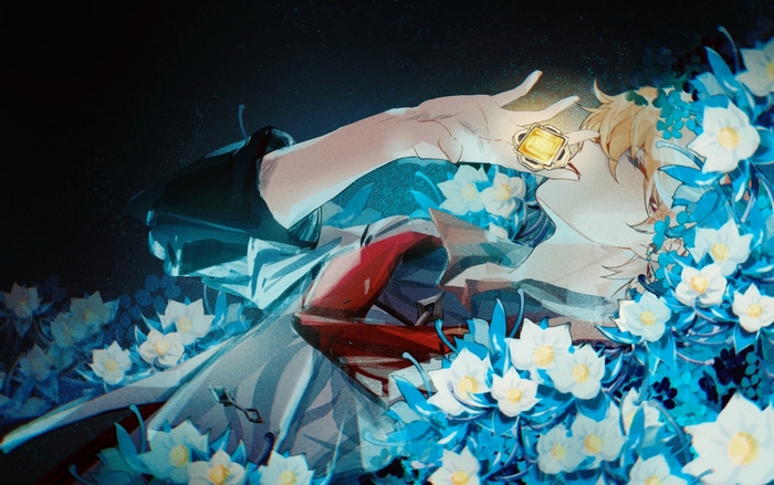 Tartaglia Childe (Genshin Impact) with blue flowers