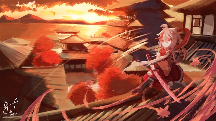 Kaedehara Kazuha in a Japanese village at sunset