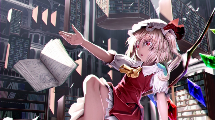 Flandre Scarlet in a library with floating books