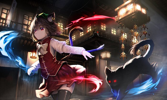 Chen from Touhou with a black cat