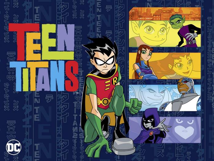 Teen Titans characters Robin, Beast Boy, Starfire, Cyborg, and Raven