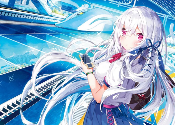 Girl with white hair and pink eyes at a futuristic train station