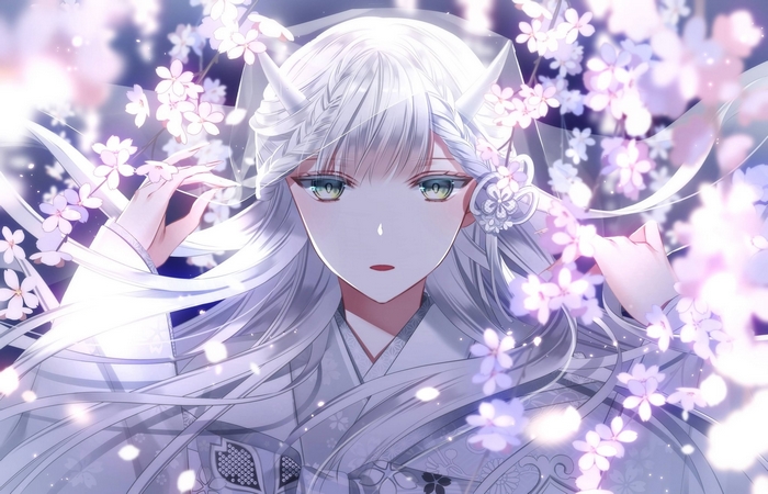 Girl with White Hair and Horns Among Cherry Blossoms
