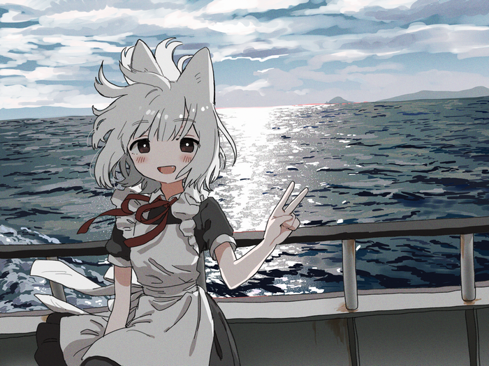 Girl with Animal Ears in Maid Outfit on a Boat