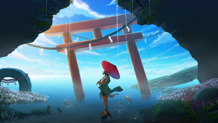 Girl with Umbrella under Torii Gate by Lake