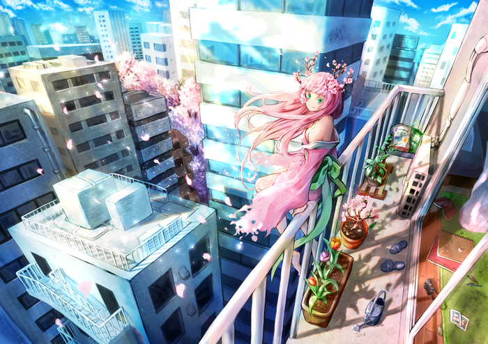 Girl with Pink Hair and Sakura in City