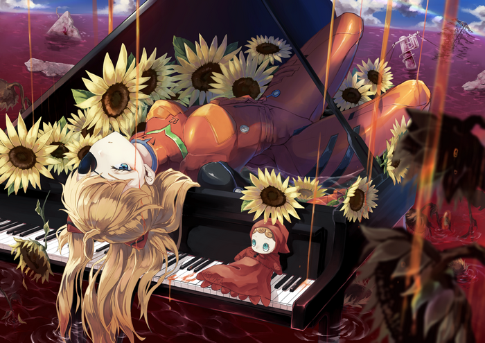 Asuka Langley Sohryu with sunflowers on a piano