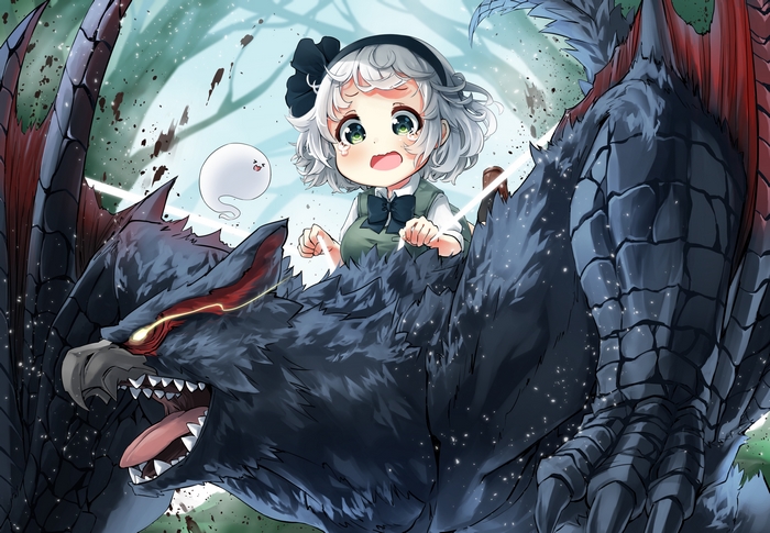 Youmu Konpaku riding a Monster Hunter creature