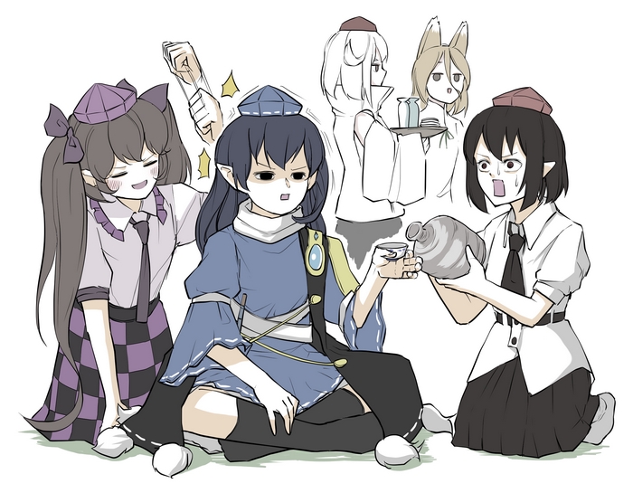 Touhou characters serving drinks and playing cards