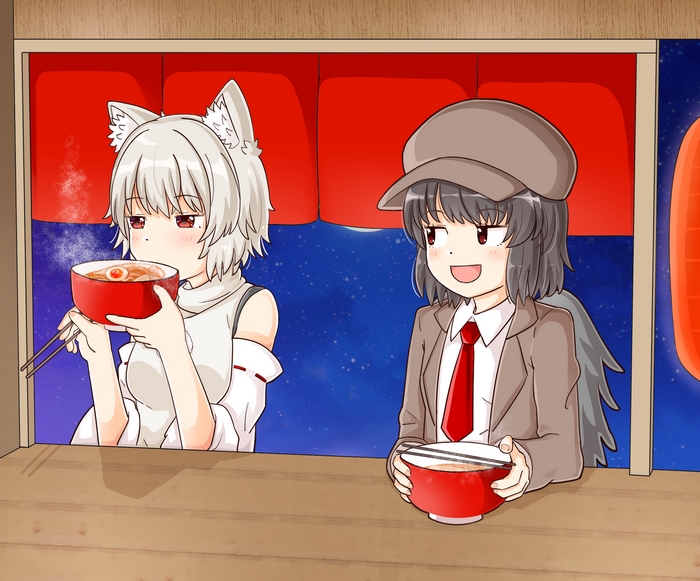 Momiji Inubashiri and Aya Shameimaru eating ramen