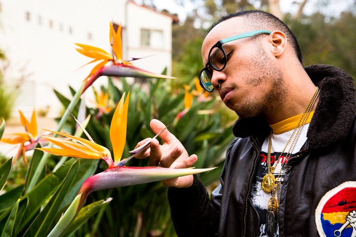 Anderson .Paak examines a Bird of Paradise flower