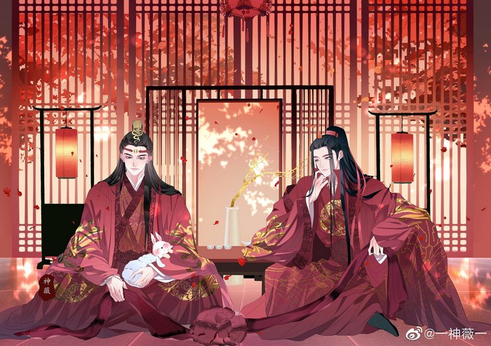 Lan Zhan and Wei Wuxian in red robes