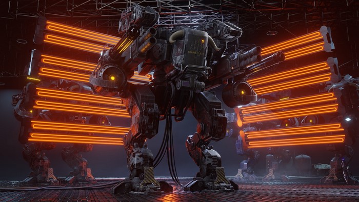 Giant Mech with Orange Neon Lights