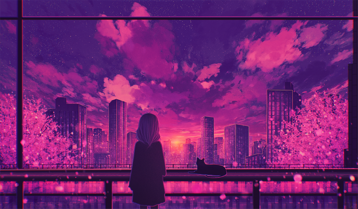Girl and Cat Overlooking Cityscape at Sunset