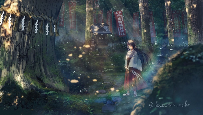 Girl with long hair in a forest shrine