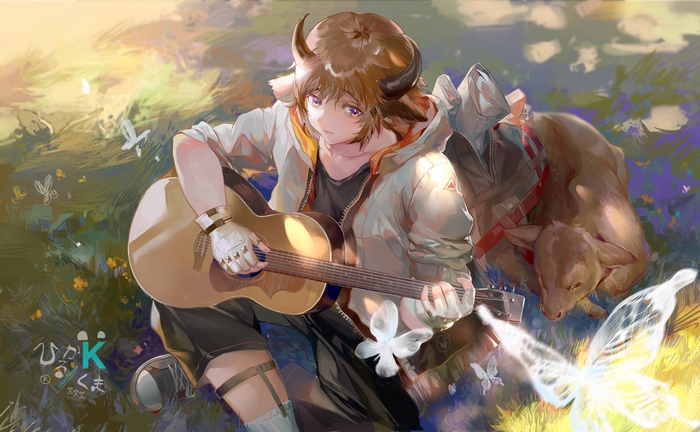 Bison from Arknights playing guitar with a calf