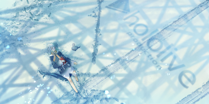 Gawr Gura lying in the snow with a shark