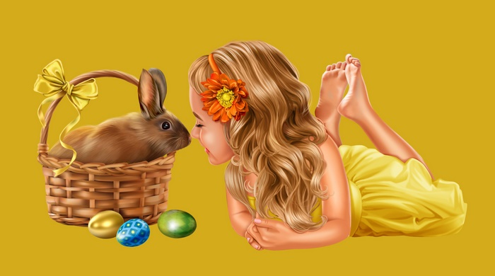 Girl and bunny with Easter eggs