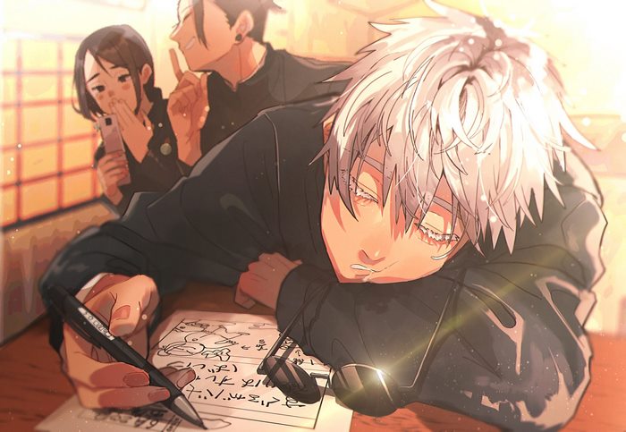 Satoru Gojo, Suguru Geto, and Shoko Ieiri in school